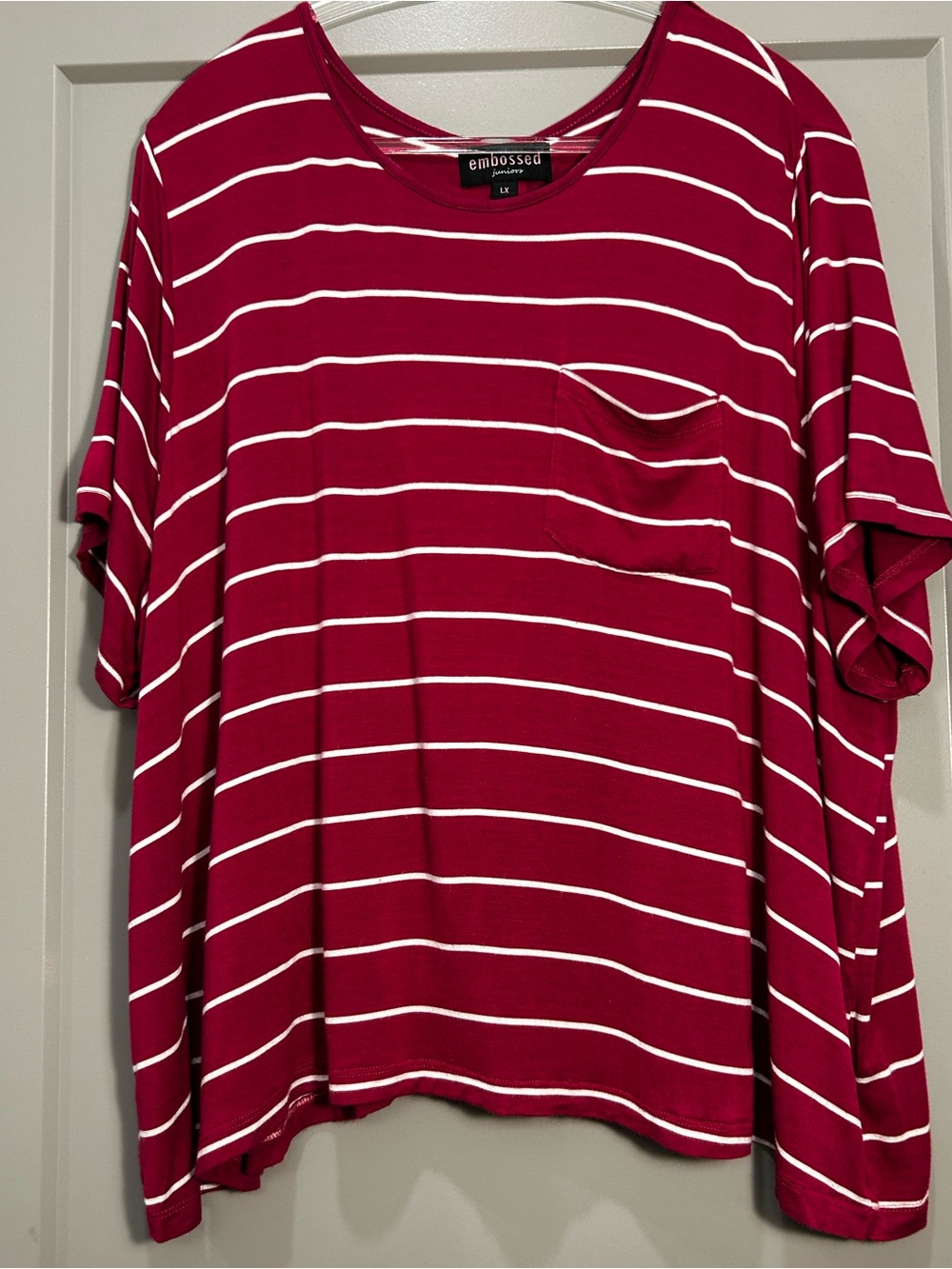 Embossed Juniors | Striped Short Sleeve Pocket Tee | Red & White | Women’s | LX